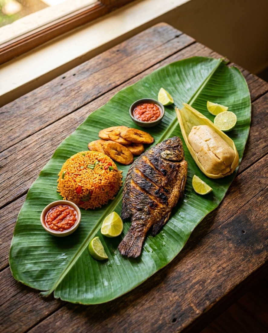 Authentic African dish on banana leaf